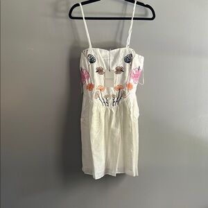 Promesa White Mini Dress with Pink, Orange and Black Floral Embroidery